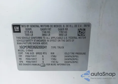 2016 Chevrolet Silverado 1500 1Lt z USA, uszkodzony, nr VIN 3GCPCREC8GG358241